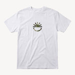 White t-shirt with a green graphic on a white background