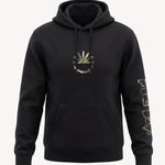 Black hoodie with a logo on the chest and text on the sleeve against a white background