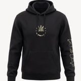 Black hoodie with a logo on the chest and text on the sleeve against a white background