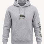 Gray hoodie with a logo on the chest and text on the sleeve against a white background
