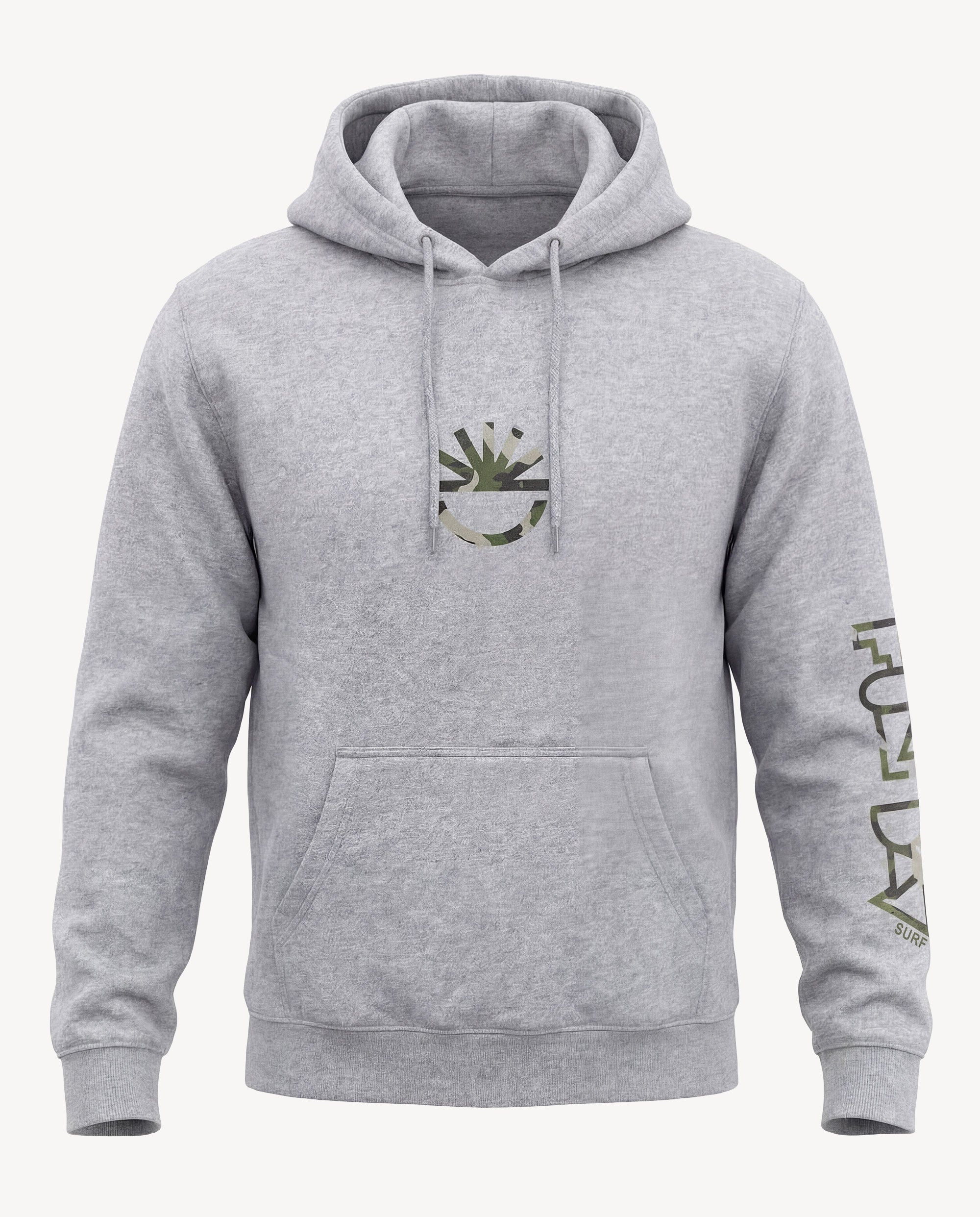 Gray hoodie with a logo on the chest and text on the sleeve against a white background