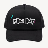 Black trucker cap with 'FUN DAY' logo on a white background