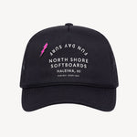 Black cap with white text and a pink lightning bolt on a light gray background