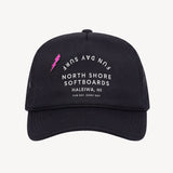 Black cap with white text and a pink lightning bolt on a light gray background