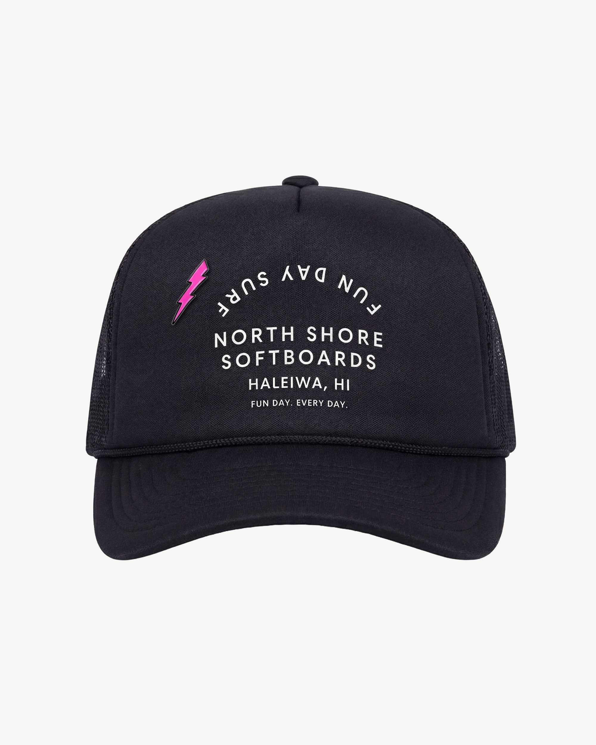 Black cap with white text and a pink lightning bolt on a light gray background