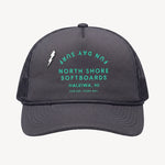 Dark gray cap with teal text and logo on a white background