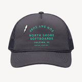 Dark gray cap with teal text and logo on a white background