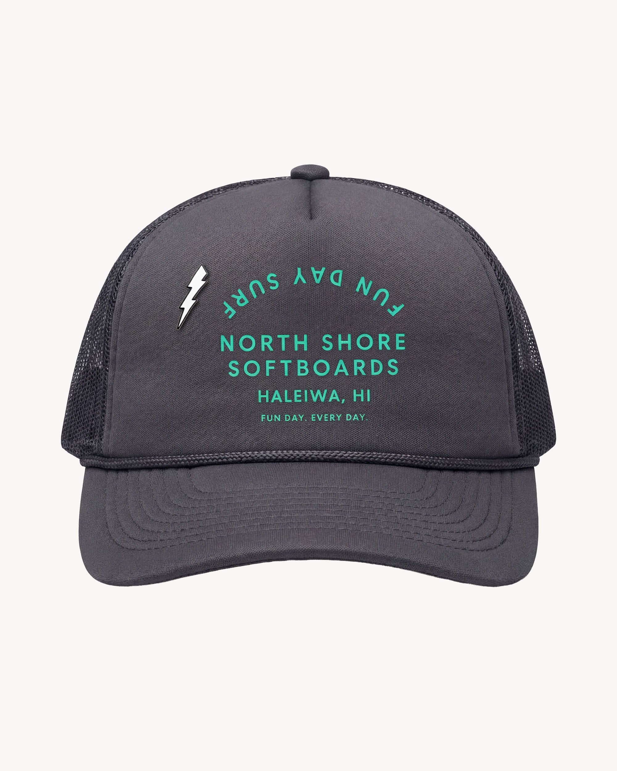 Dark gray cap with teal text and logo on a white background