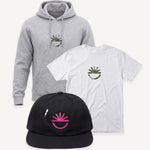 Gray hoodie, white t-shirt, and black cap with a logo on a white background