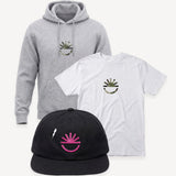 Gray hoodie, white t-shirt, and black cap with a logo on a white background