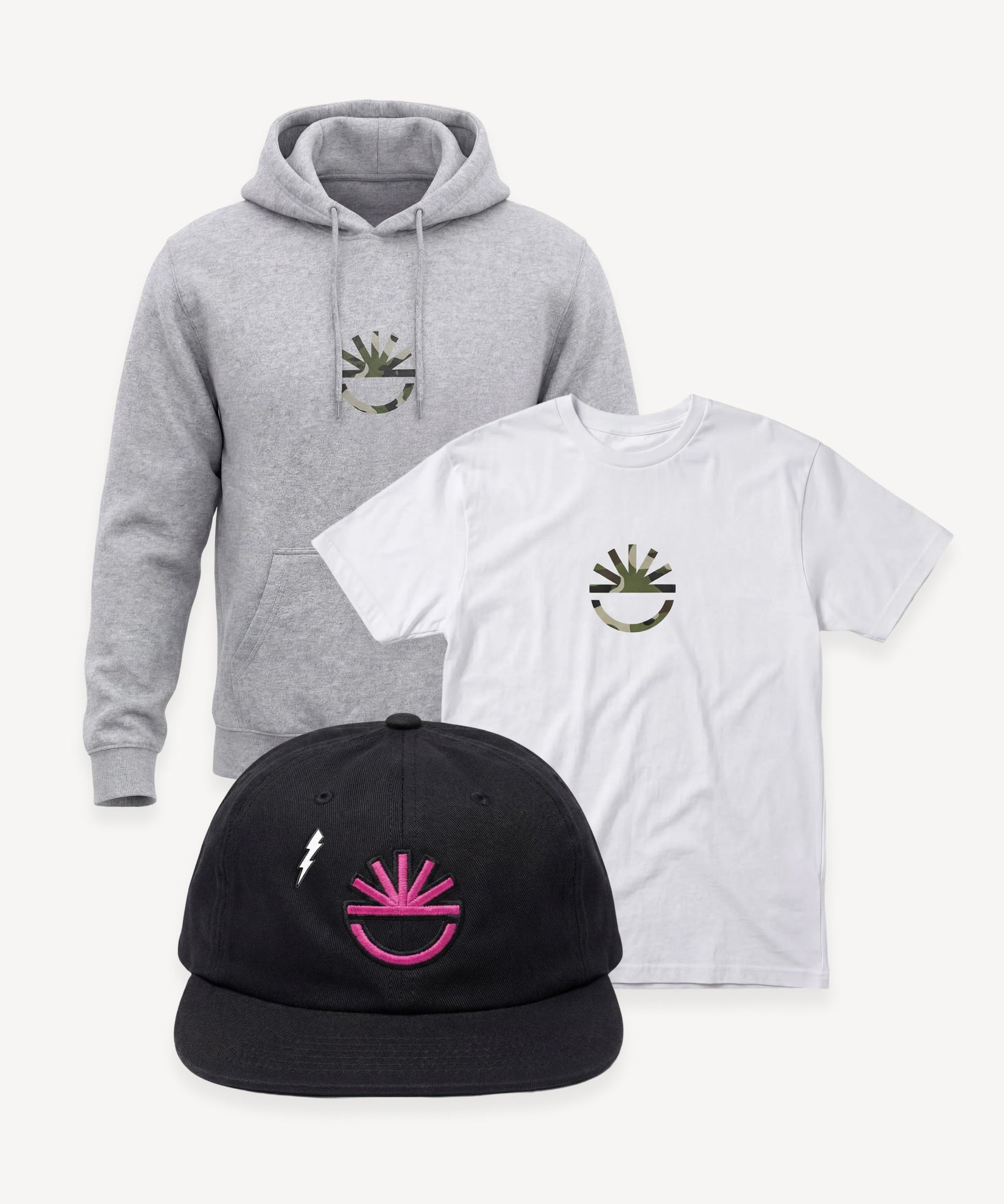 Gray hoodie, white t-shirt, and black cap with a logo on a white background