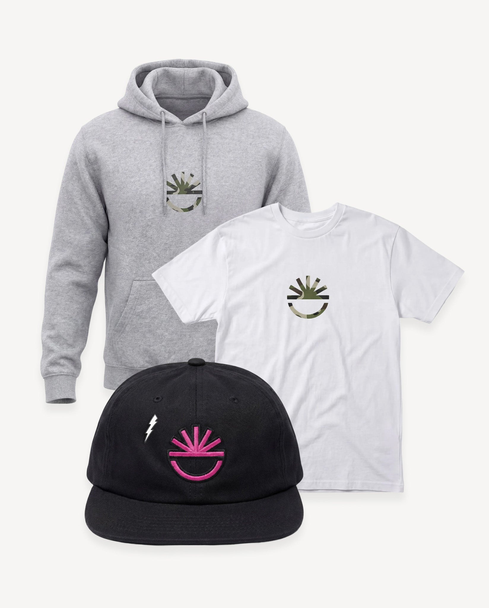 Gray hoodie, white t-shirt, and black cap with a logo on a white background