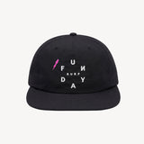 Black cap with 'FUN SURF DAY' text and pink lightning bolt on a white background