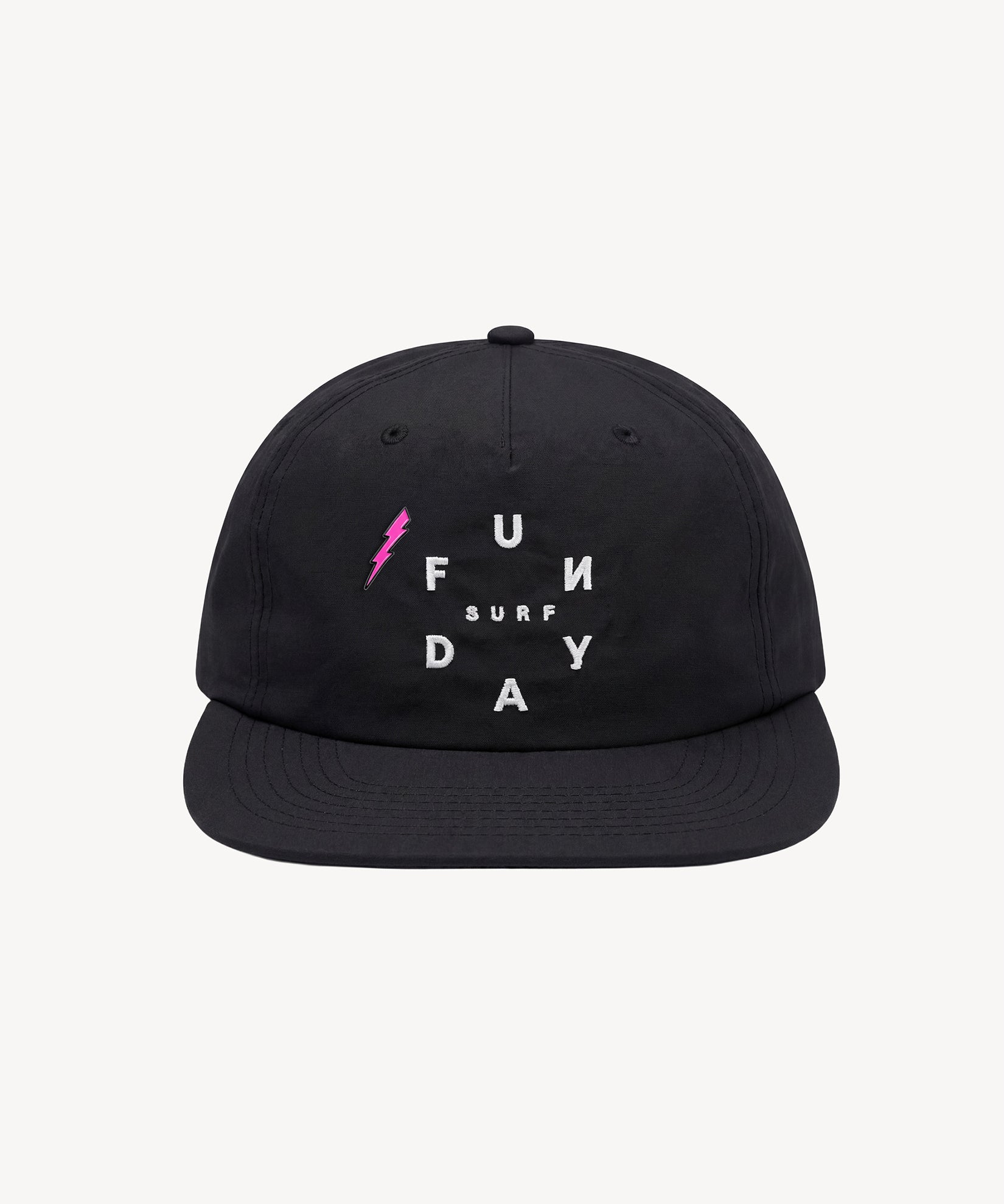 Black cap with 'FUN SURF DAY' text and pink lightning bolt on a white background