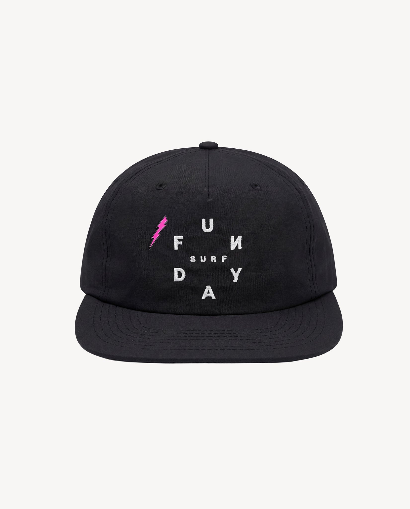 Black cap with 'FUN SURF DAY' text and pink lightning bolt on a white background