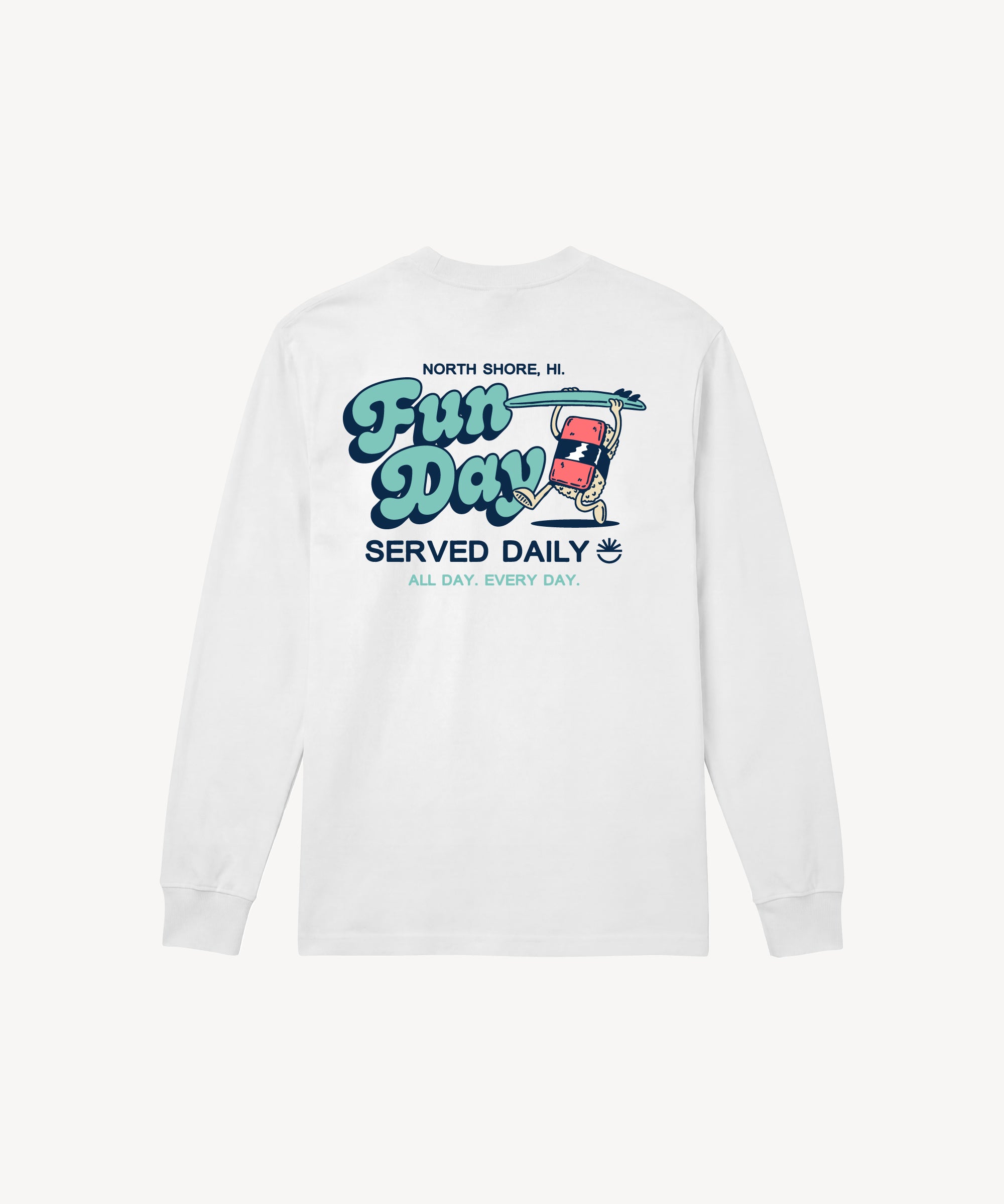Fun Day Surf Musubi Long Sleeve Tee in White, back view