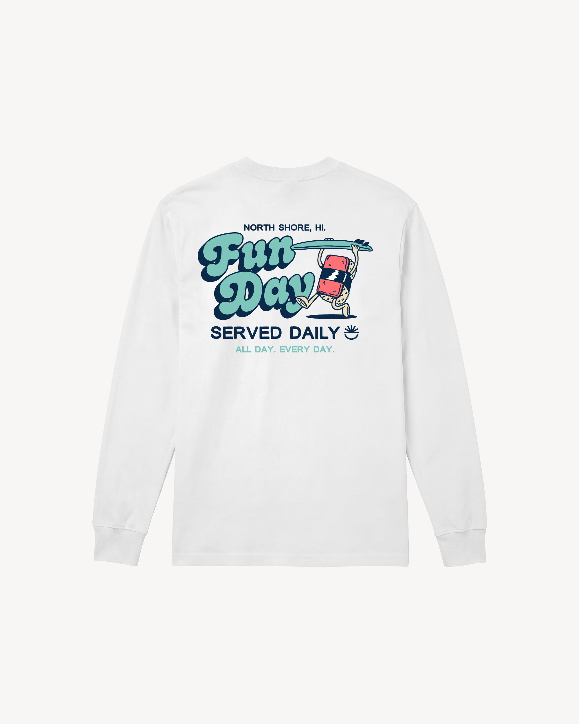 Fun Day Surf Musubi Long Sleeve Tee in White, back view