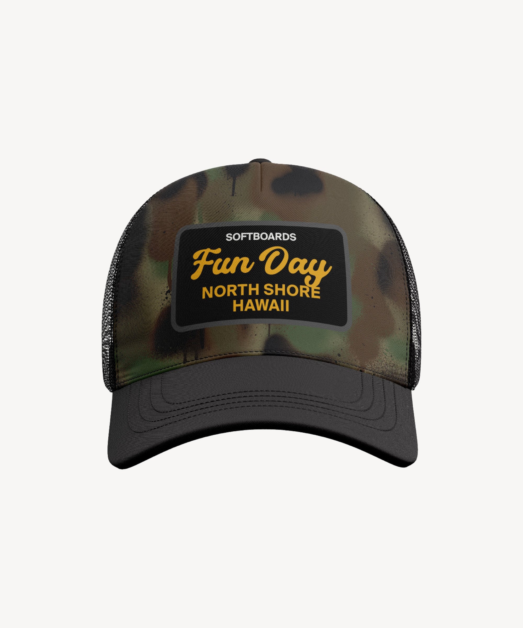 Fun Day Soft Serve mesh trucker hat in Camo, front view