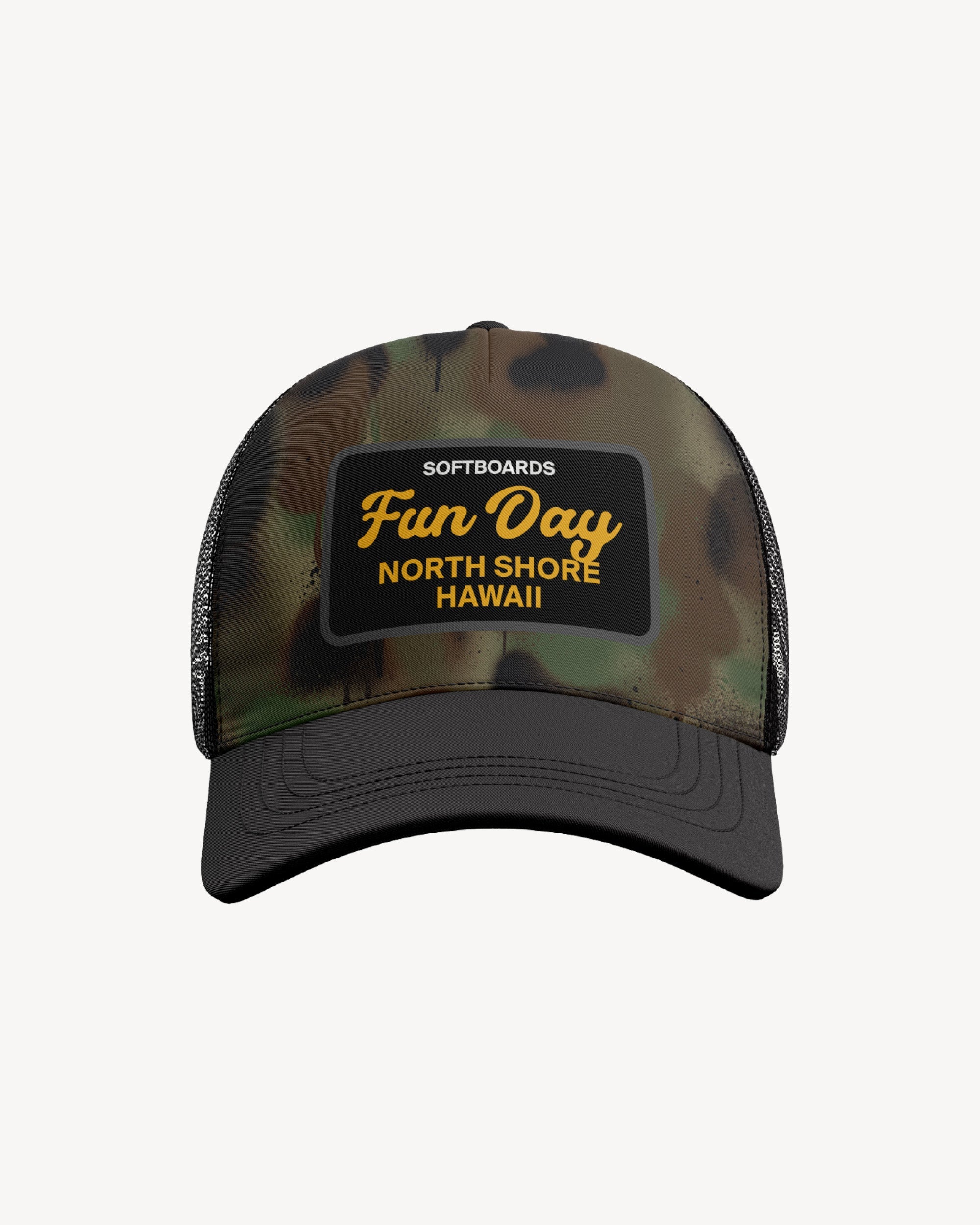 Fun Day Soft Serve mesh trucker hat in Camo, front view