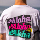 Fun Day Surf Aloha Tee in White back graphic close-up, lifestyle view