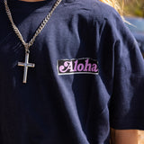 Fun Day Surf Aloha Youth Tee in Navy chest print close-up, lifestyle view