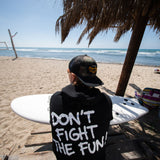 Fun Day Surf DFTF Hoodie in Black back graphic worn at the beach, lifestyle view