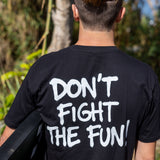 Fun Day Surf DFTF Tee in Black back graphic close-up, lifestyle view