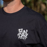 Fun Day Surf DFTF Tee in Black chest print close-up, lifestyle view