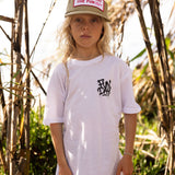 Fun Day Surf DFTF Youth Tee in White worn under the palms, lifestyle view