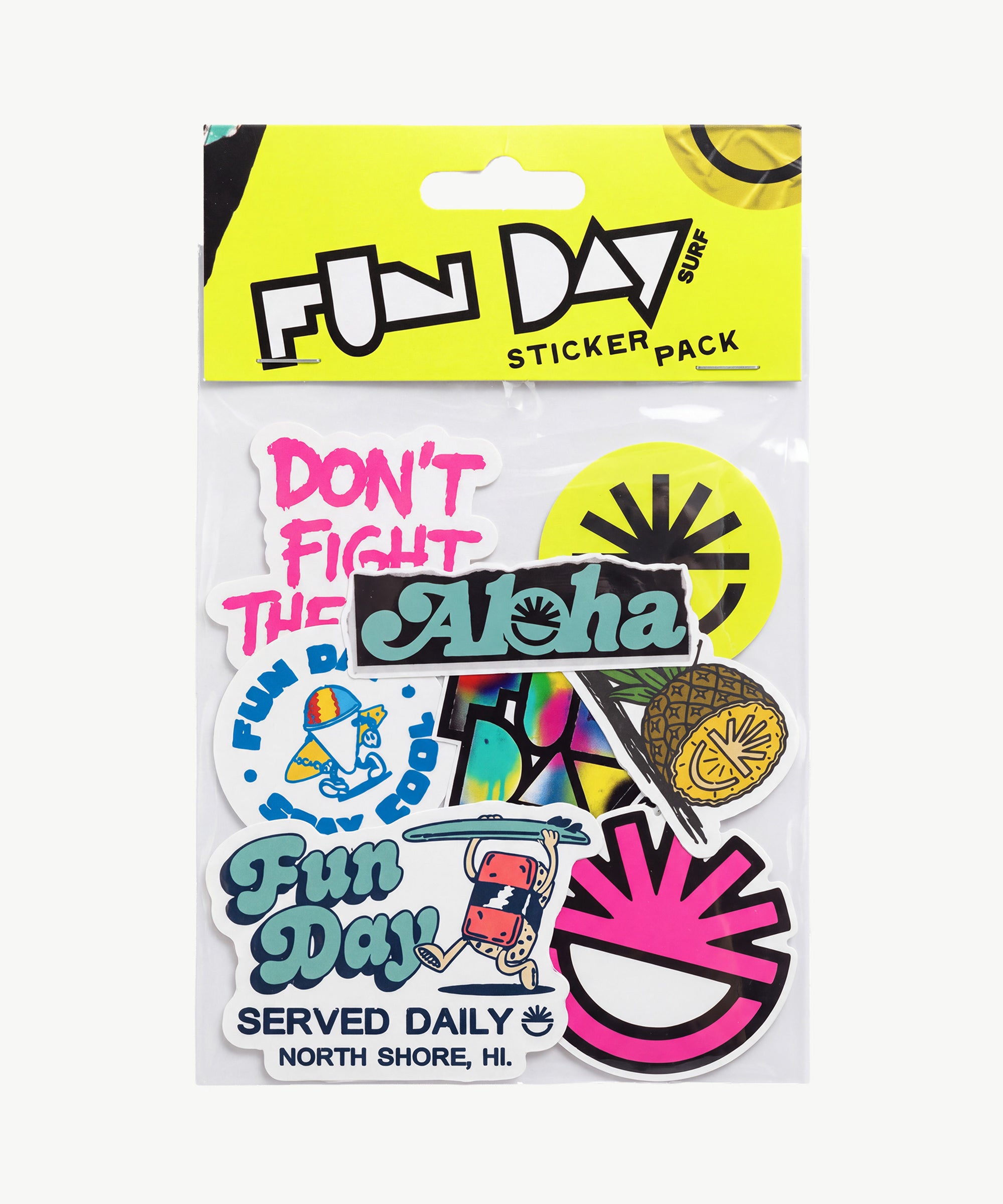 Fun Day Sticker Pack, eight die-cut vinyl stickers in a clear bag with a neon yellow Fun Day header card