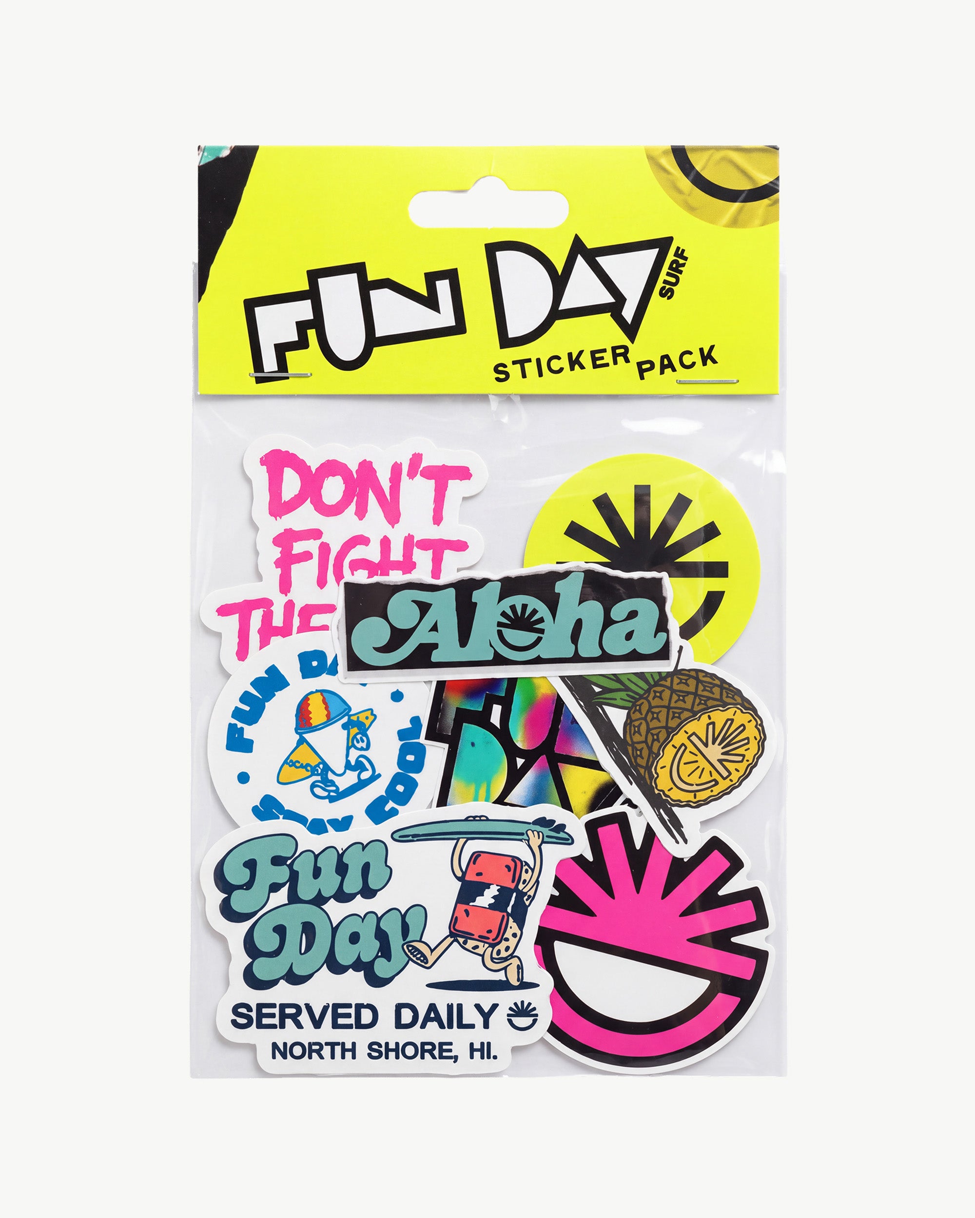 Fun Day Sticker Pack, eight die-cut vinyl stickers in a clear bag with a neon yellow Fun Day header card