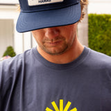 Fun Day Surf Fun Sun Tee in Harbor Blue chest print close-up, lifestyle view