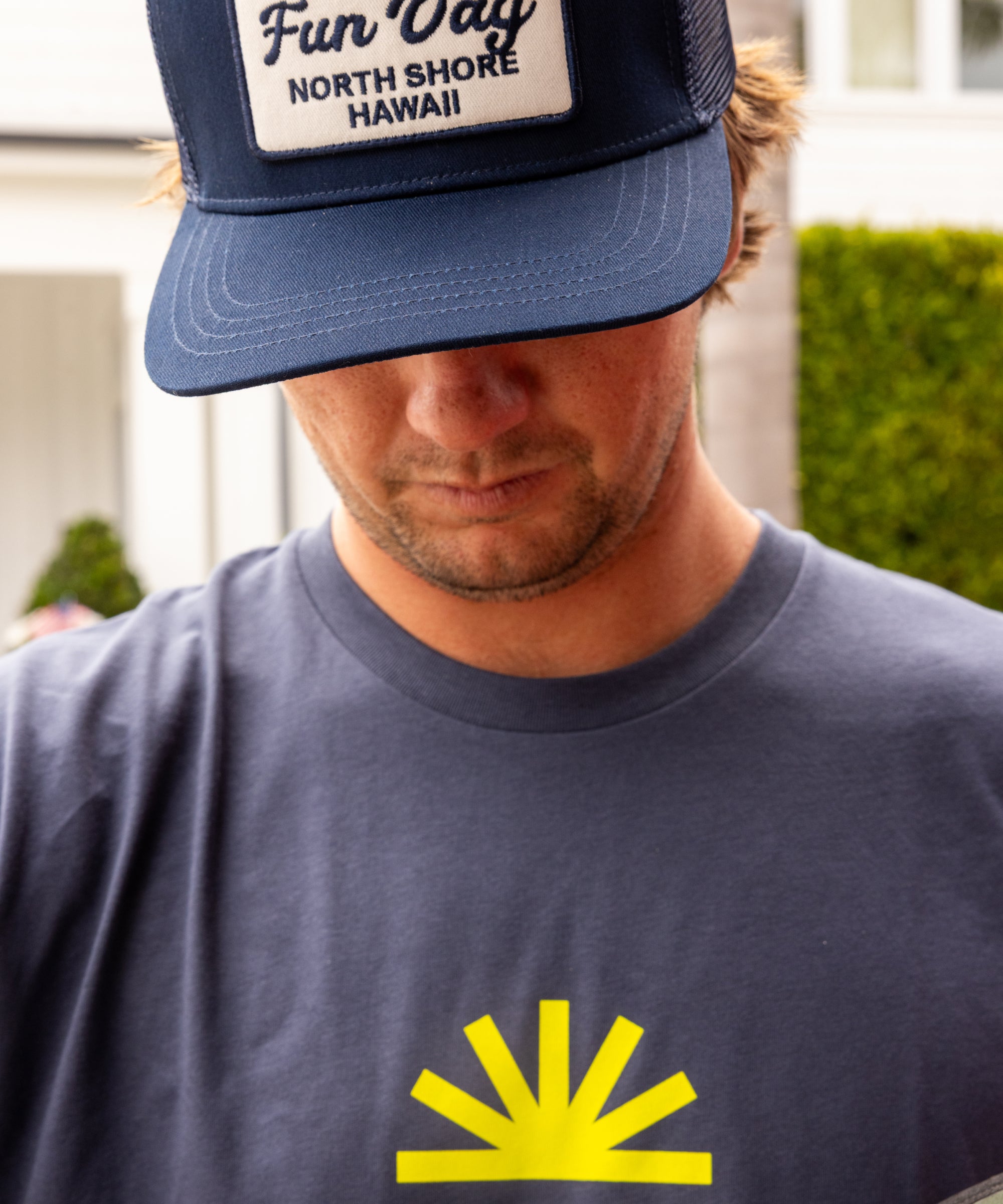 Fun Day Surf Fun Sun Tee in Harbor Blue chest print close-up, lifestyle view