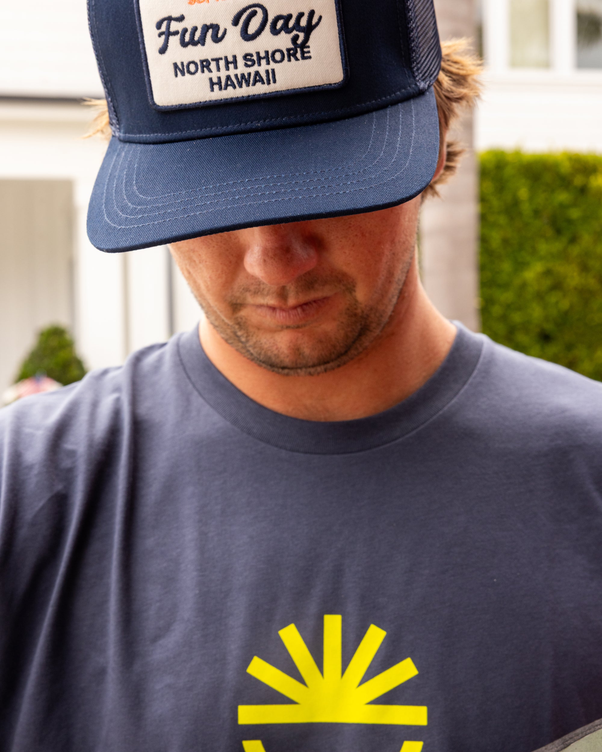 Fun Day Surf Fun Sun Tee in Harbor Blue chest print close-up, lifestyle view
