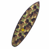 5'6 Da Fun Blade Hybrid JOB Pro - back.  A long, narrow surfboard with a green, brown, and black camouflage pattern, featuring a small yellow Fun Day Surf logo in the center and three black fin slots near the tail, shown on a plain white background.